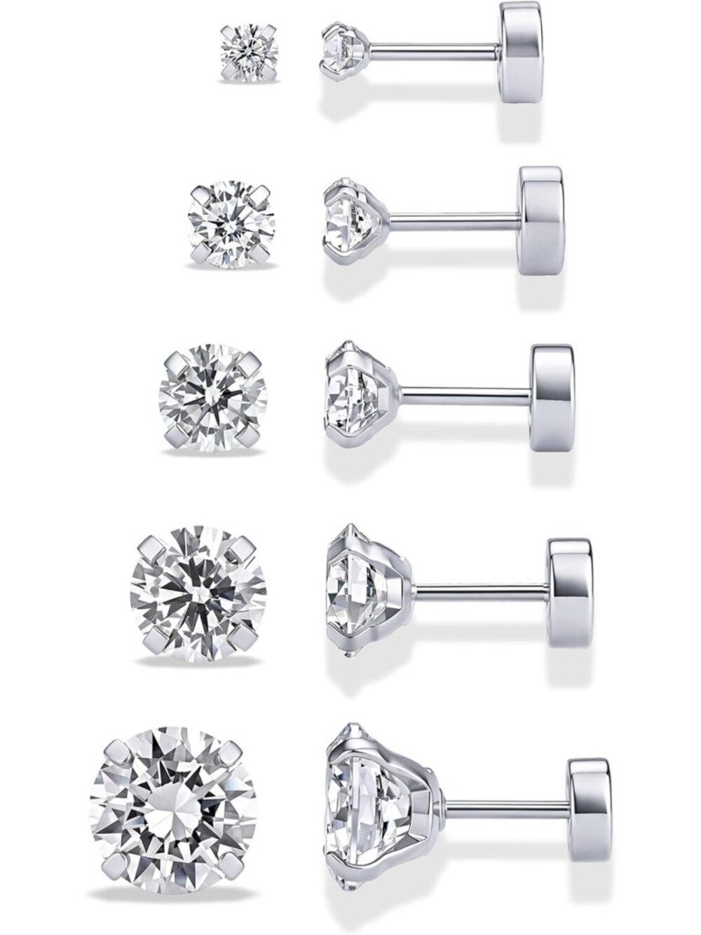 Waterproof CZ Stud Earrings Set of 5 for Women - 14K Gold Plated Fashion Jewelry